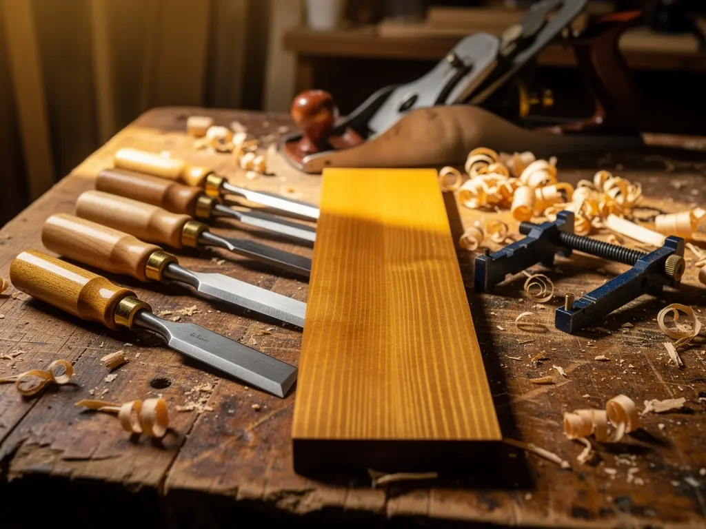 Carpenter's workbench with hand tools and dressed hardwood